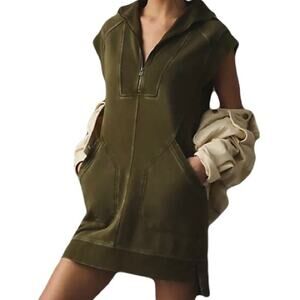 NWT DAILY PRACTICE Sweatshirt Dress SP Olive-Green”Meru”1/4Zip V Pocket Slit Rib